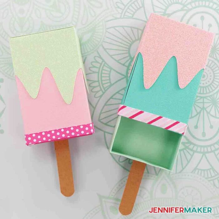 Pink and blue ice cream treat boxes and Popsicle gift card holders made with cardstock