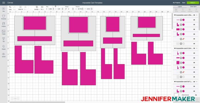 Different sizes of impossible card templates in Cricut Design Space