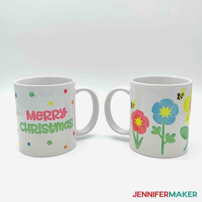 Infusible ink pen design on white mugs