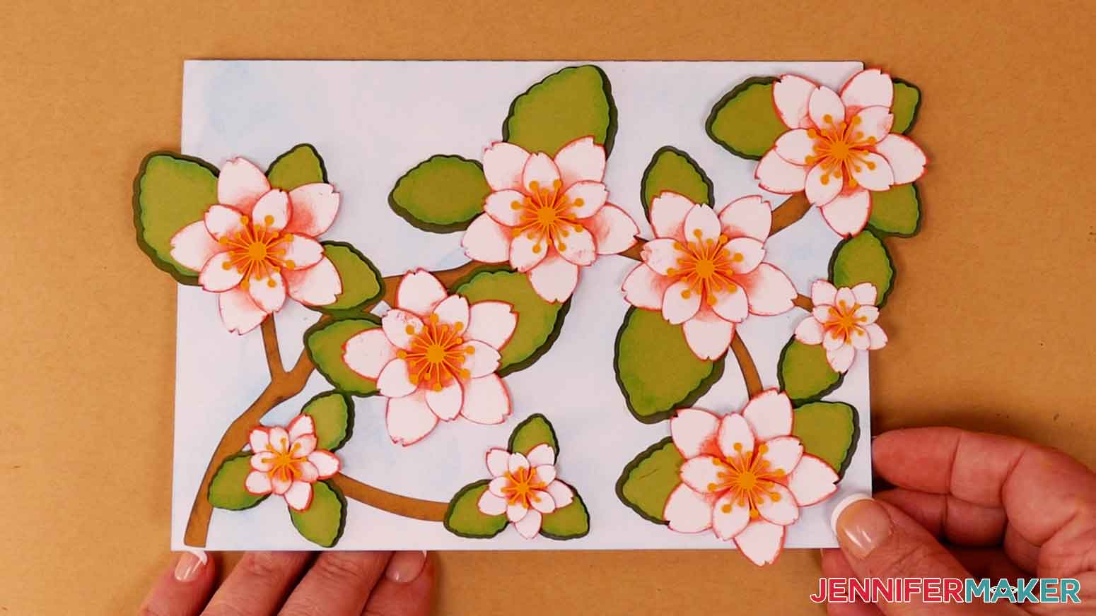 Complete layered cherry blossom card design for Ink Cardstock Edges project.