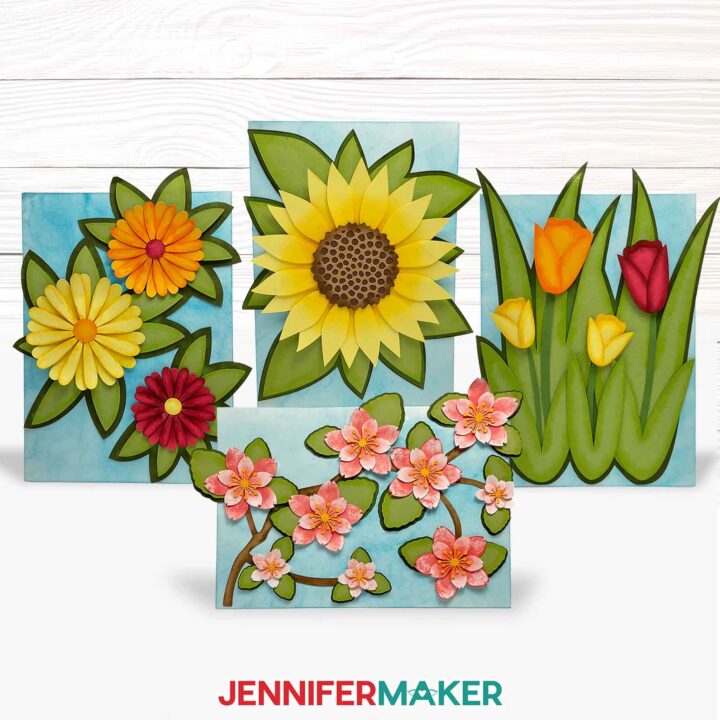 Learn how to ink cardstock edges for 3D paper cards with JenniferMaker's tutorial! Four cardstock flower cards, showing the effects of distress oxide and distress ink.
