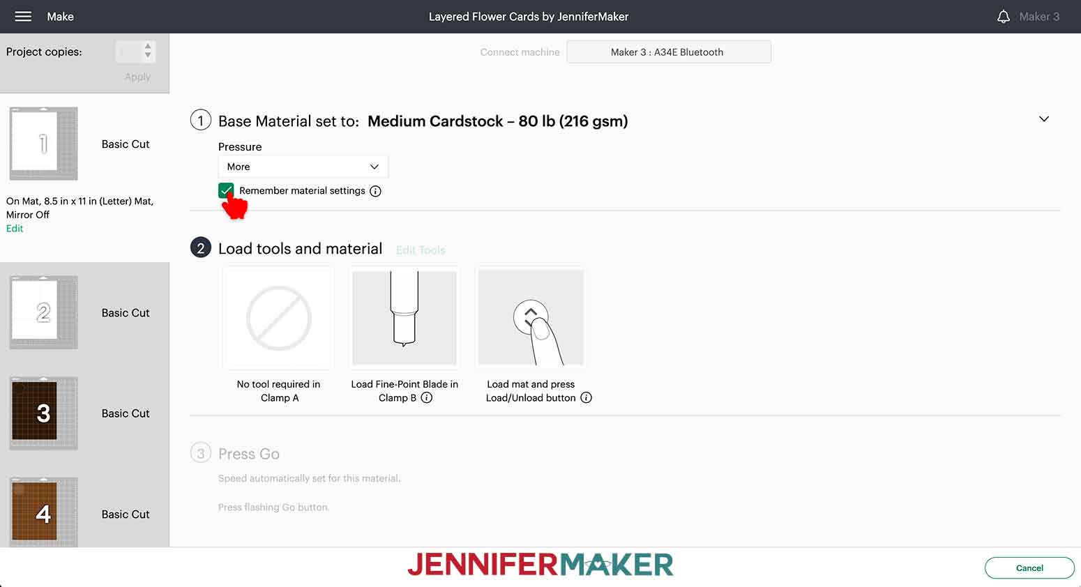 Select "Medium Cardstock - 80lb" for the base material and select more pressure. Also select "Remember material settings."