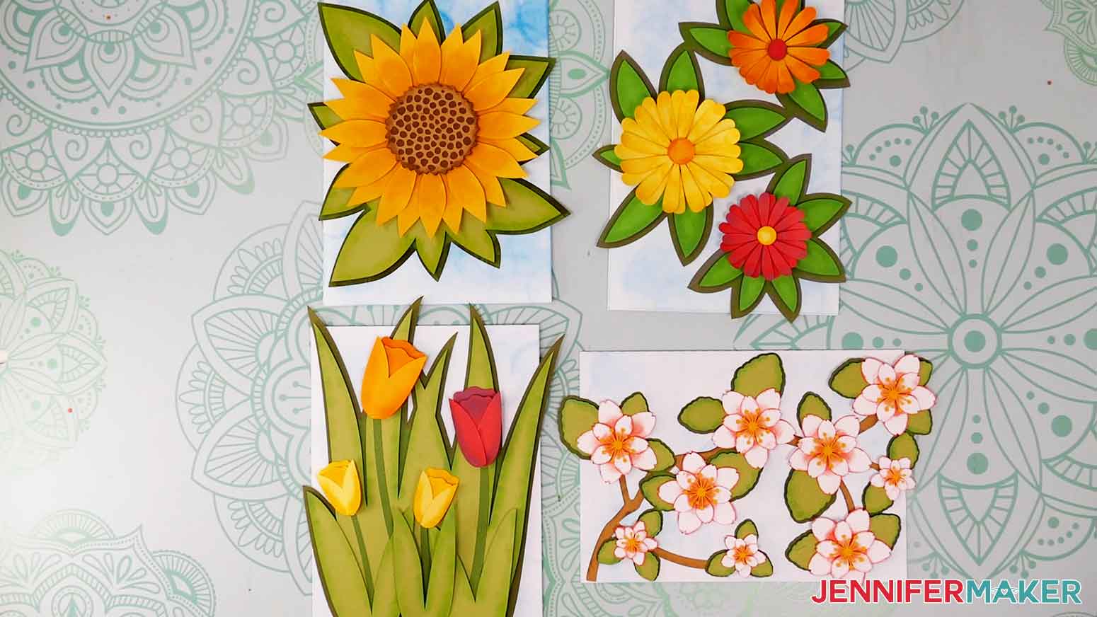 Final Ink Cardstock Edges cards on display with sunflower, daisy, tulip, and cherry blossom designs.