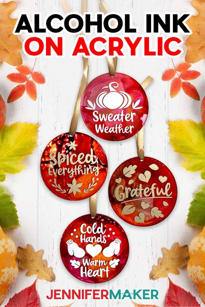 Get free SVG, DXF, and PDF designs to make Alcohol Ink on Acrylic suncatchers and ornaments! A group of autumn suncatchers with cute quotes and designs cut from adhesive vinyl