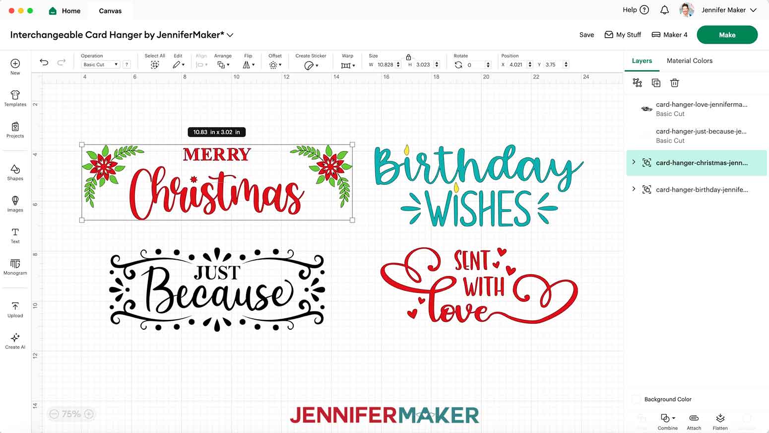 Merry Christmas SVG design on the Cricut Design Space canvas measuring 10.83" wide x 3.02" height.
