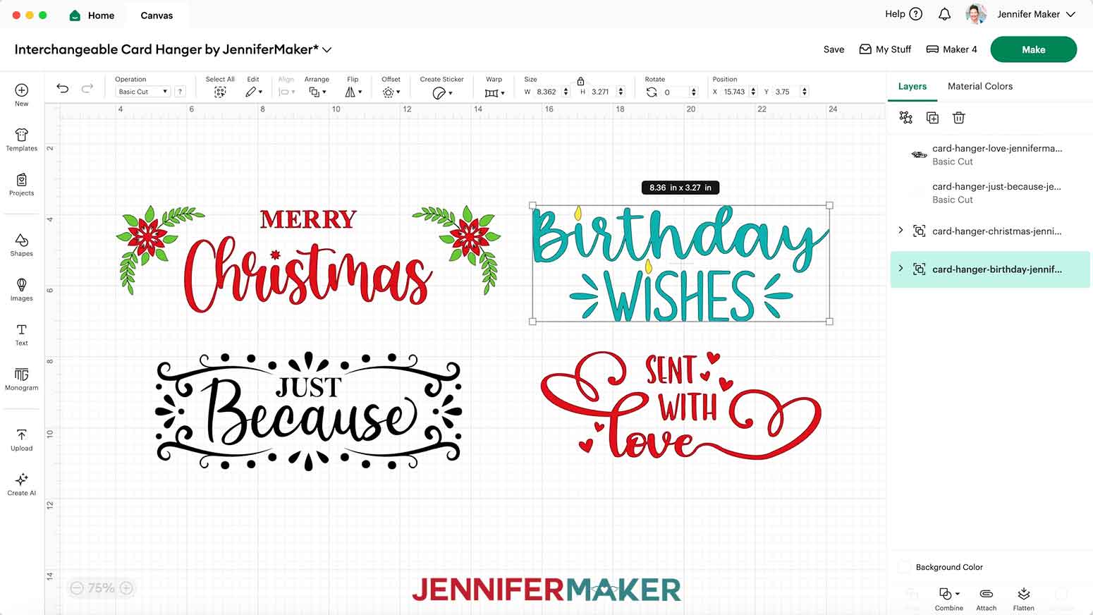 Birthday Wishes SVG design on the Cricut Design Space canvas measuring 8.36" wide x 3.27" height.