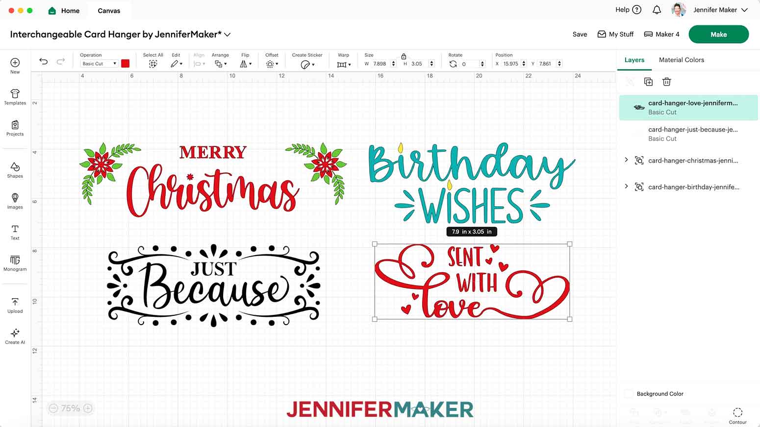 Sent With Love SVG design on the Cricut Design Space canvas measuring 7.9" wide x 3.05" height.