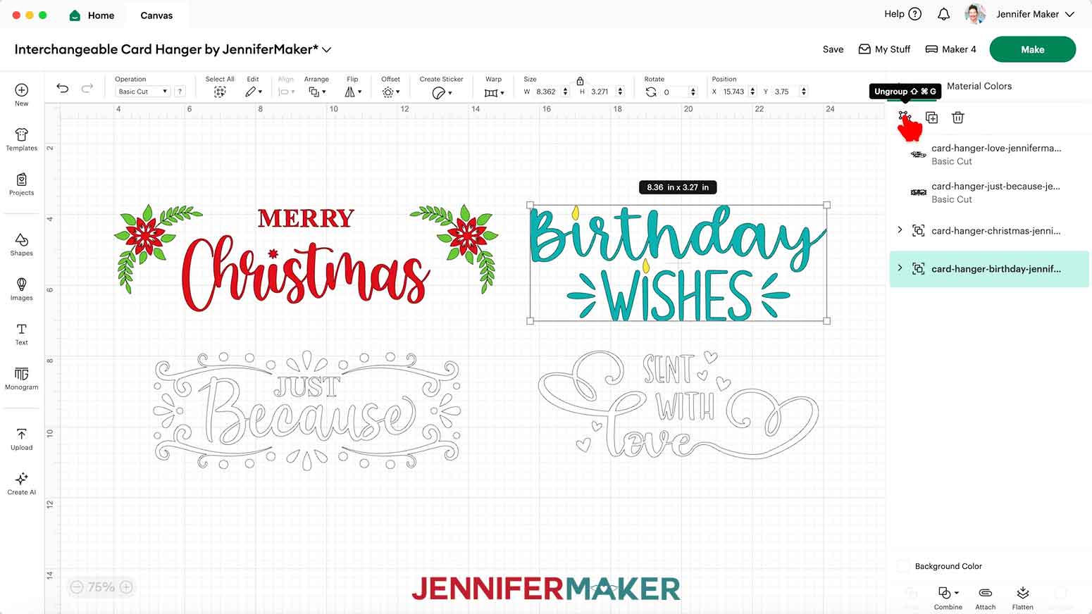 Select the Birthday Wishes design and click the Ungroup icon above the Layers panel.