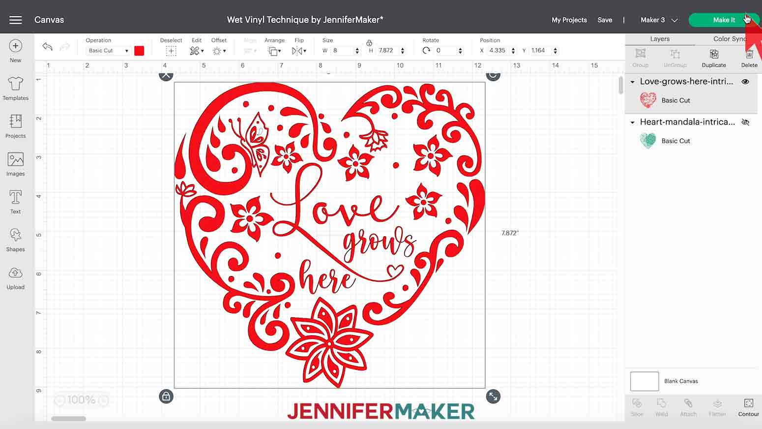 Selecting Make It for cutting intricate hearts decal