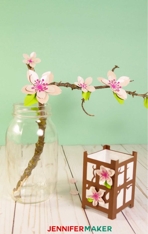 A pretty Japanese paper lantern and paper cherry blossoms #papercraft #paperlanterns #cricut