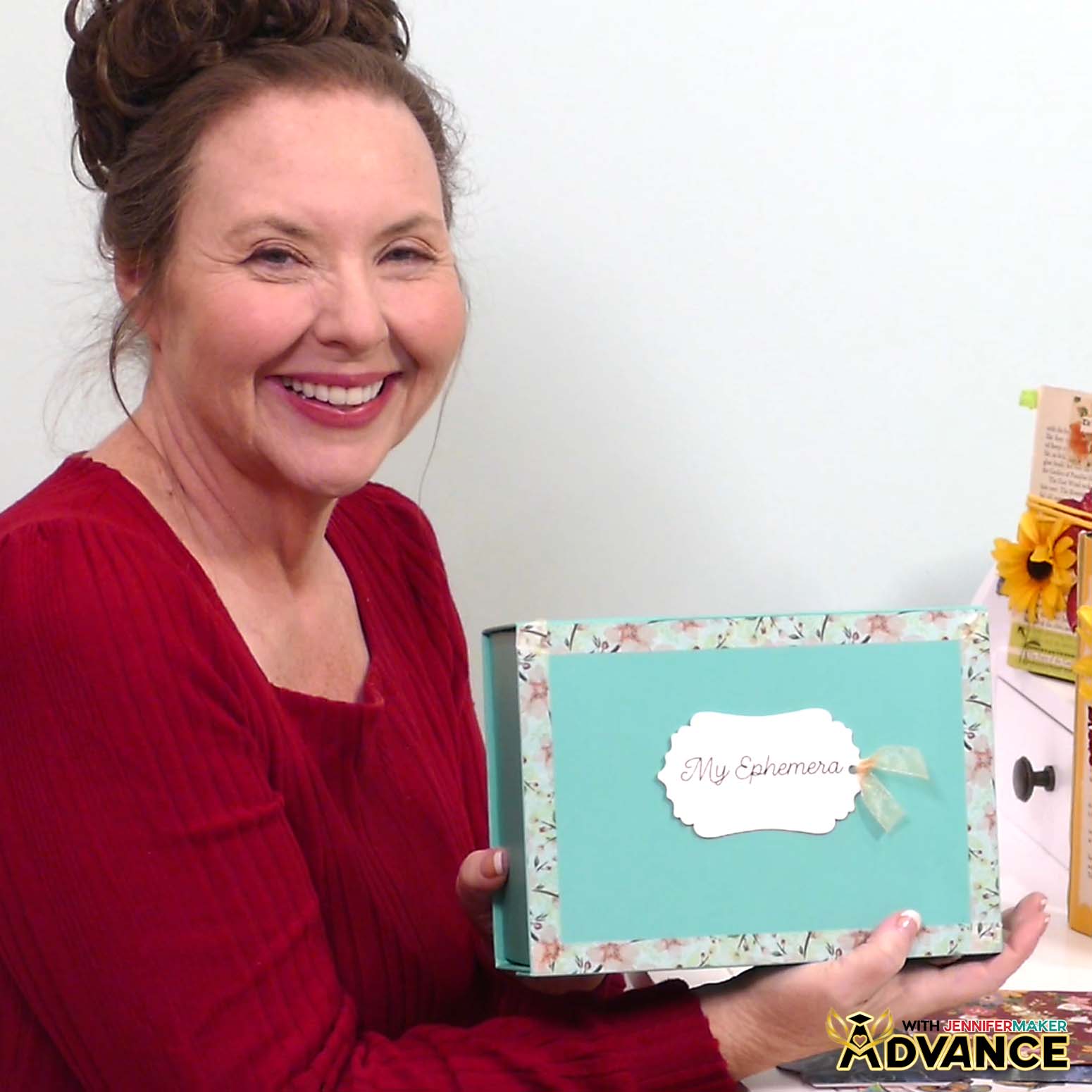 Jennifer Maker shows off a box of ephemera she teaches how to make in her Advance with JenniferMaker program. Learn how to Make Junk Journals in the free tutorial