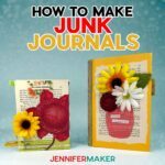 Learn how to Make Junk Journals like the two pictured journals, decorated with scraps of paper and paper sunflowers