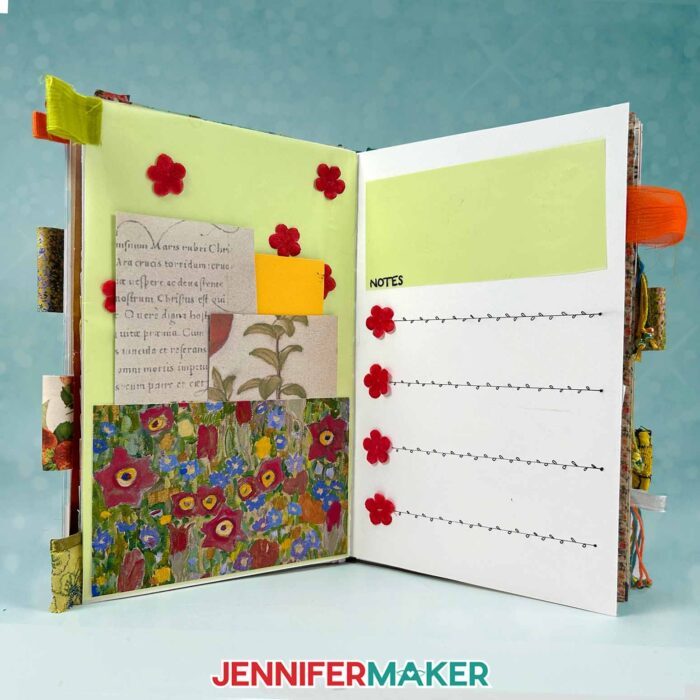 A junk journal sits open on a table, open and showing a spread inside with two large pockets and various floral ephemera. Learn how to Make Junk Journals in the free tutorial