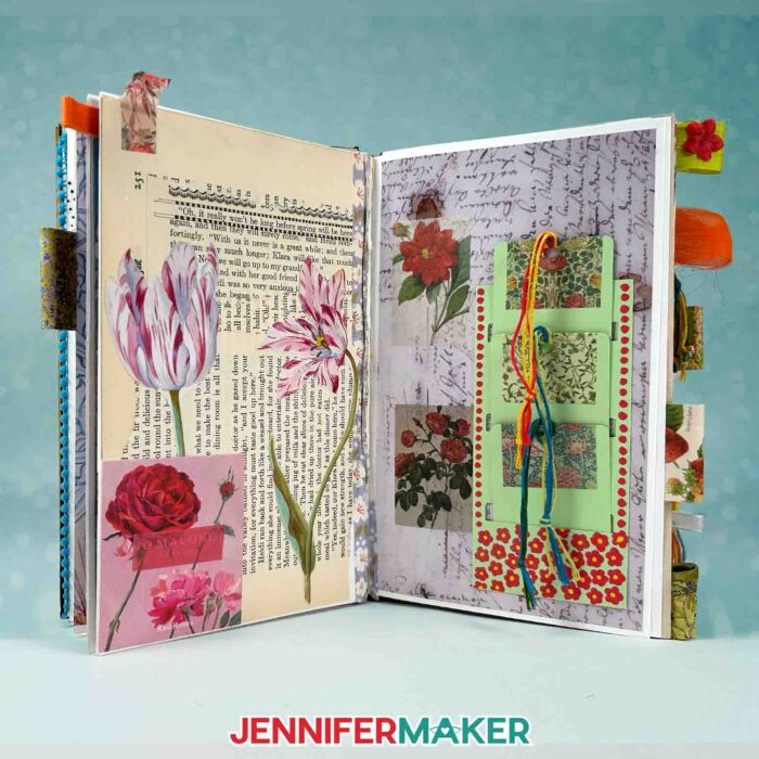 A junk journal sits open on a table, revealing a spread inside decorated with various flower ephemera. Learn how to Make Junk Journals in the free tutorial