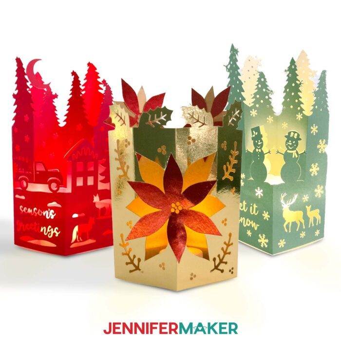 Make easy lantern pop-up cards with JenniferMaker's tutorial! Three beautiful pop-up lantern cards with different holiday and seasonal-inspired colors and designs.