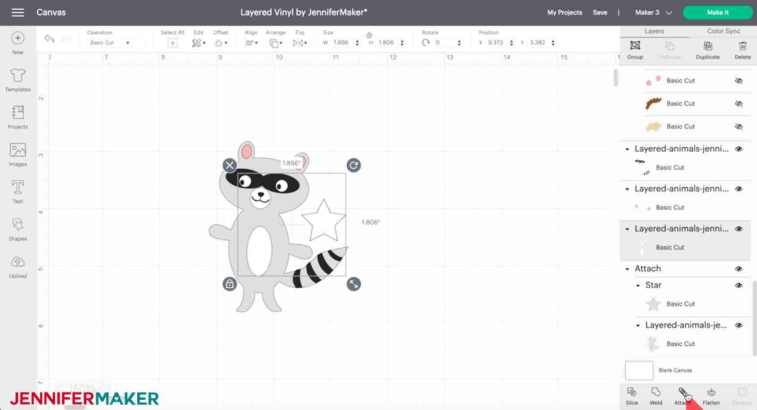 attaching white layers of raccoon in design space