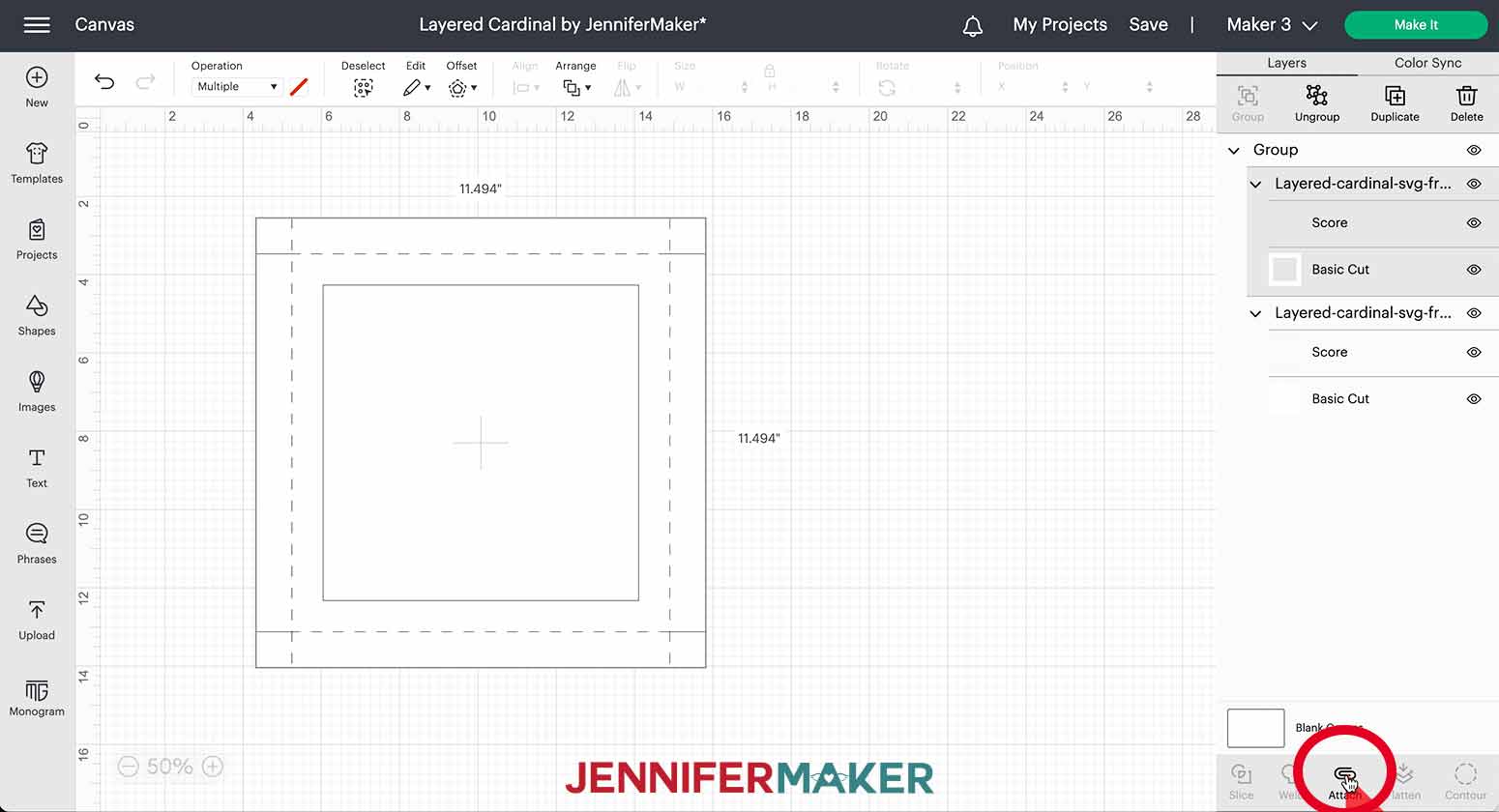 A screenshot of the cardinal svg frame file on the Cricut Design Space canvas with the top two score and cut layers selected and a red arrow pointing to the Attach icon at the bottom right