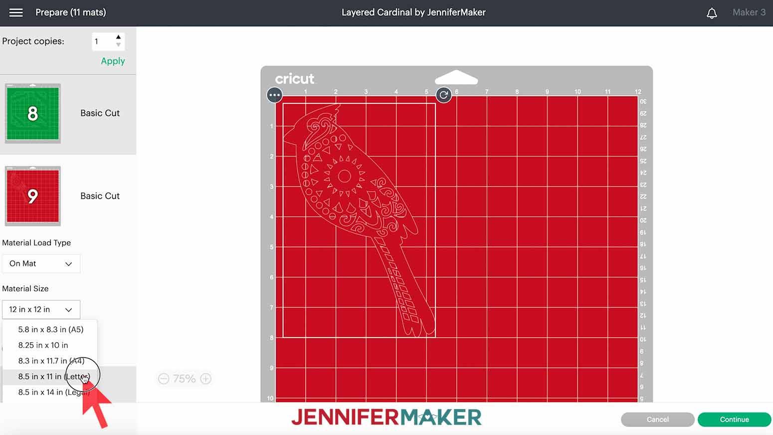 A screenshot of the Prepare screen in Cricut Design Space showing the material size for a red cardinal svg layer being changed from 12 by 12 inches to 8.5 by 11 inches
