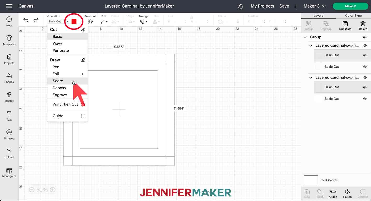 A screenshot of the cardinal svg frame file on the Cricut Design Space canvas with the two score layers selected and a red arrow pointing to Score in the Operation menu at the top. The red color swatch at the top also has a red circle around it.