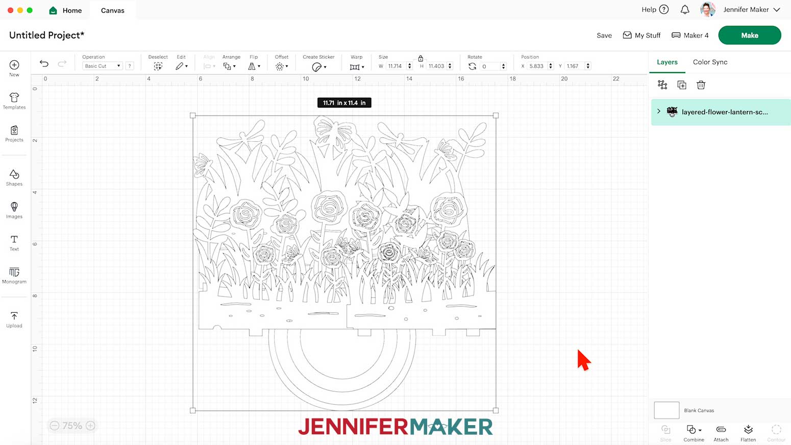 The layered garden lantern svg uploaded to the Design Space canvas measuring 11.71 x 11.4".