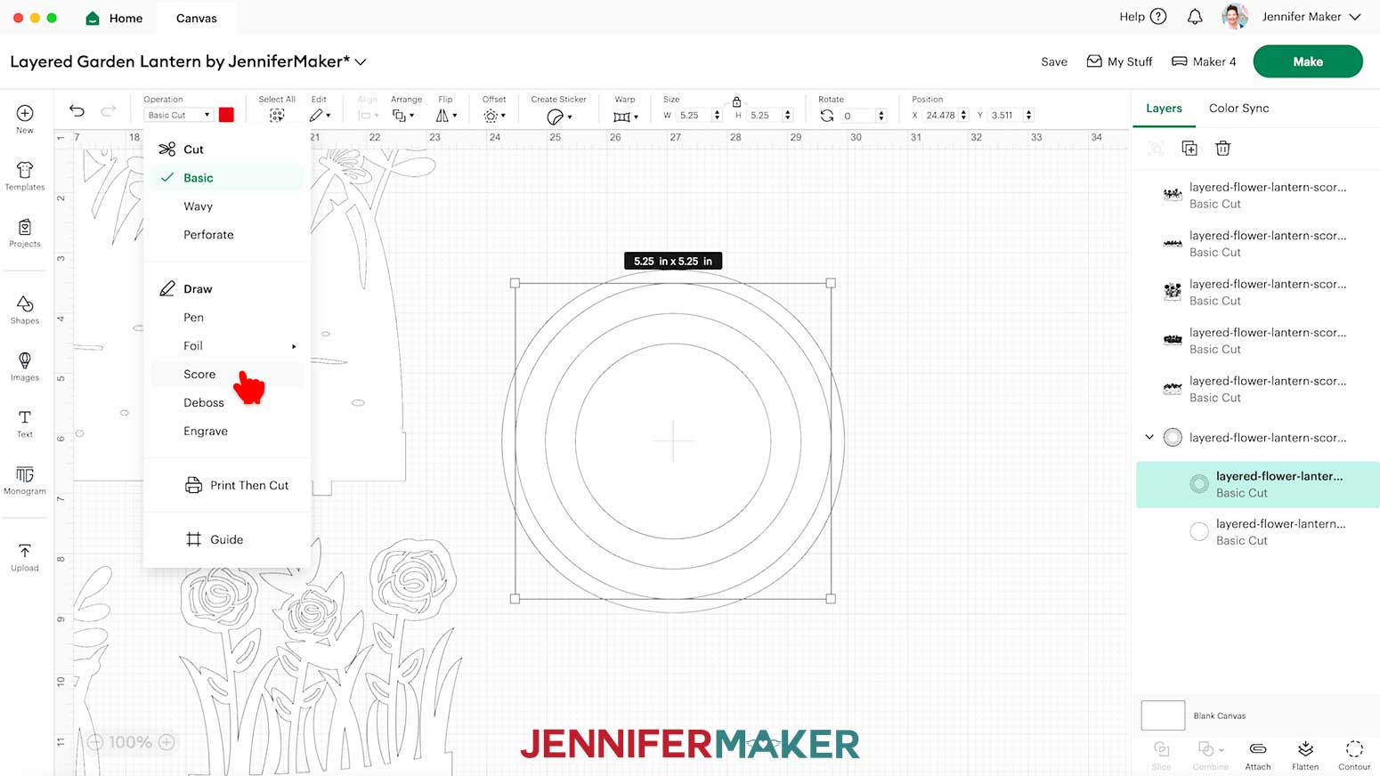 Select the base layer with circular lines and click the Operation menu dropdown to select Score.