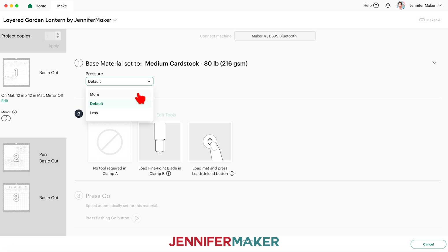 Select the Medium cardstock setting and select more from the pressure dropdown.