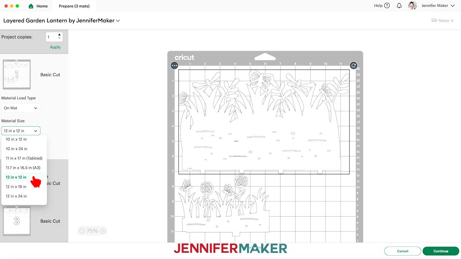 On the Prepare screen, select the 12 in x 12 in material size dropdown menu.