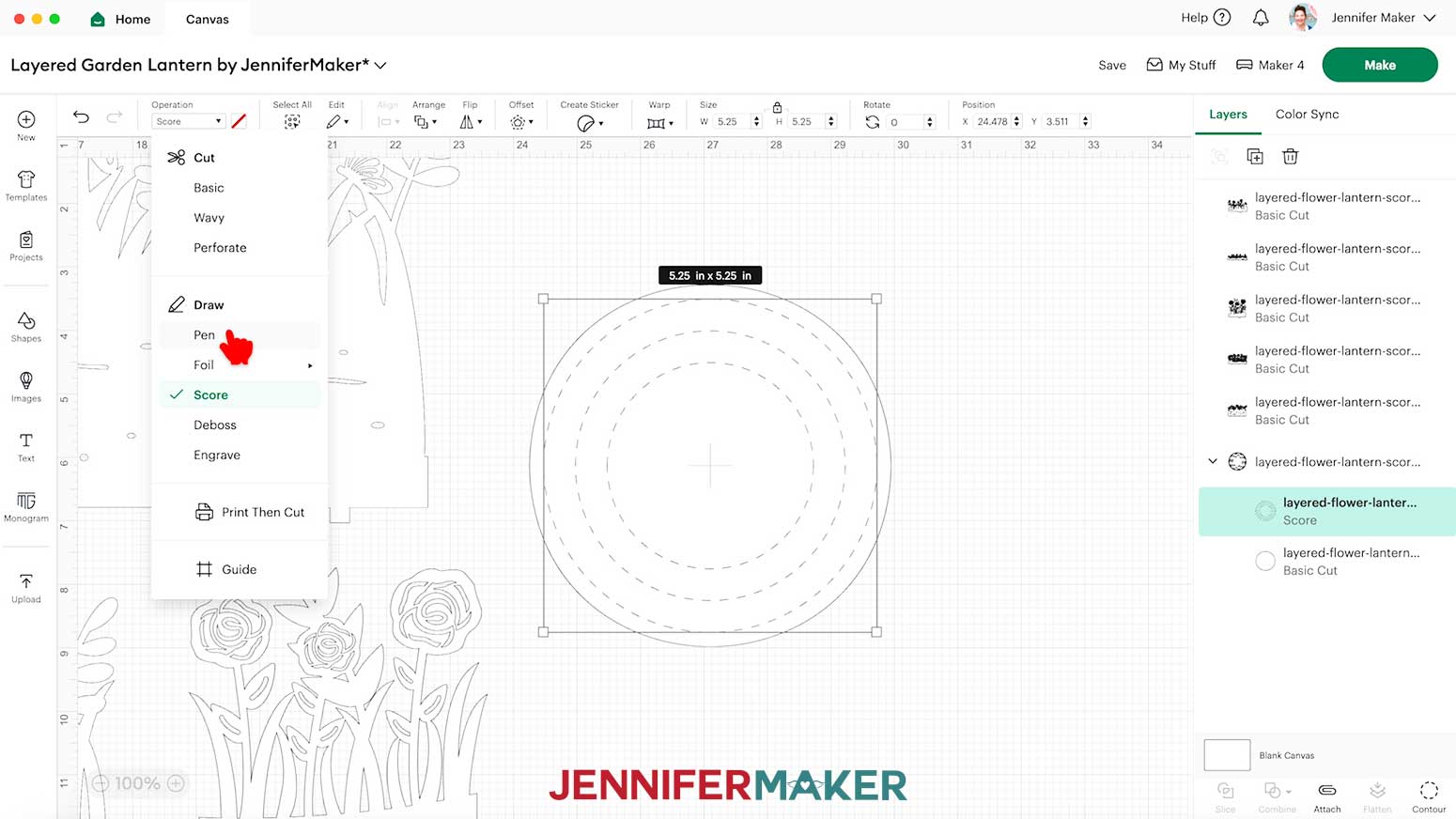 Select the base layer with circular lines and click the Operation menu dropdown to select Pen.