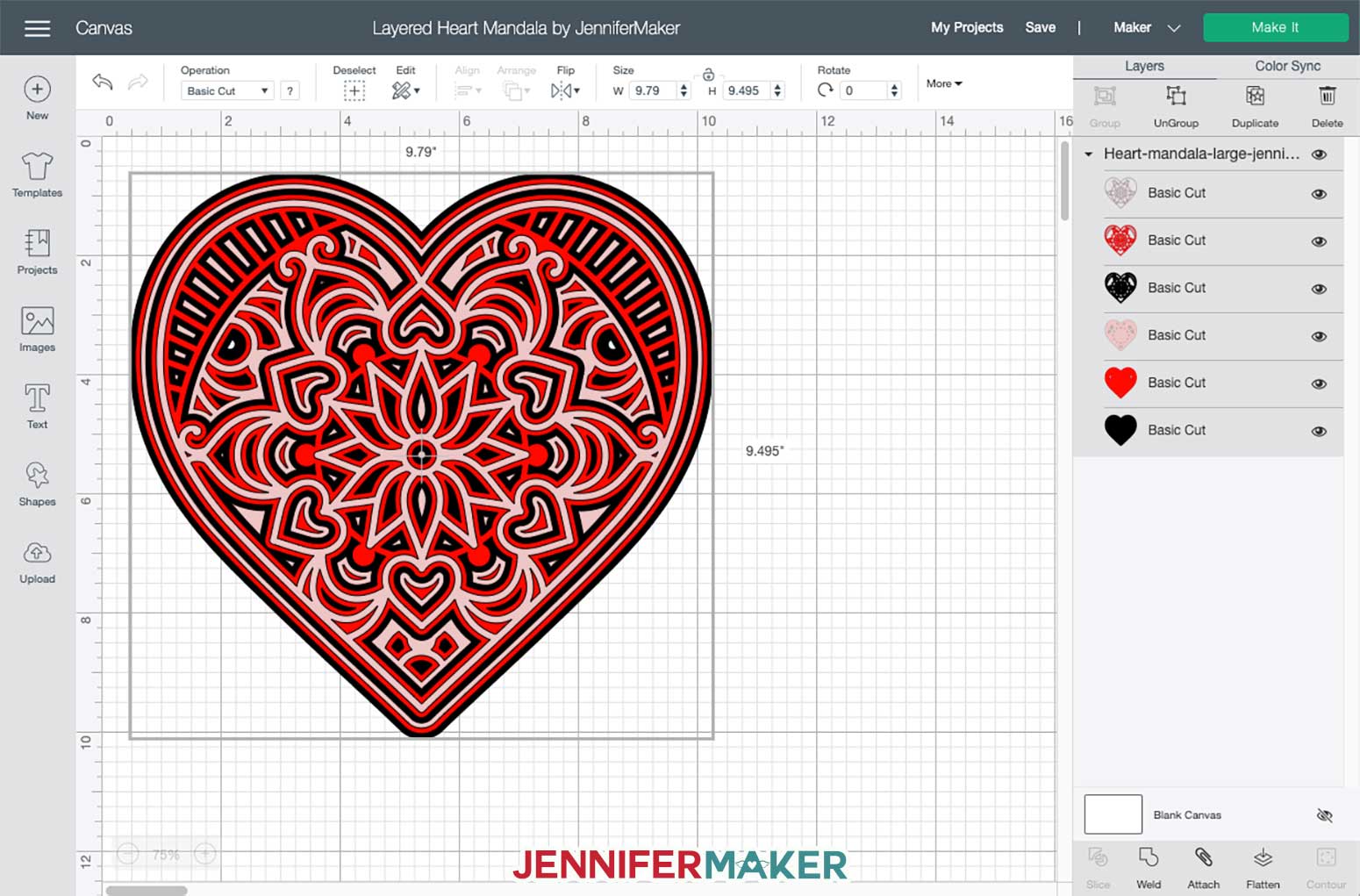 The free layered heart mandala SVG cut file uploaded to Cricut Design Space
