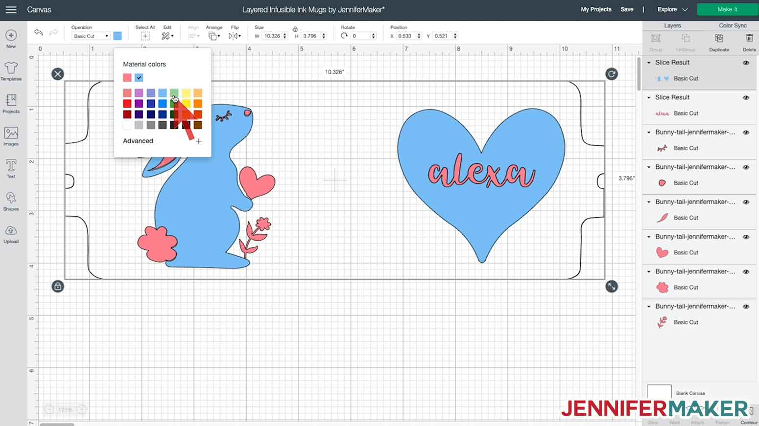 Changing a color layer in a layered Infusible Ink mug design in Cricut Design Space