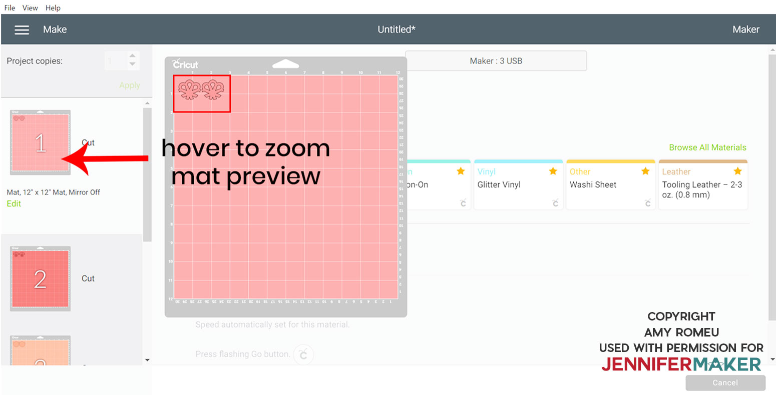 zoom hovering over a vinyl cutting mat preview in Cricut Design Space