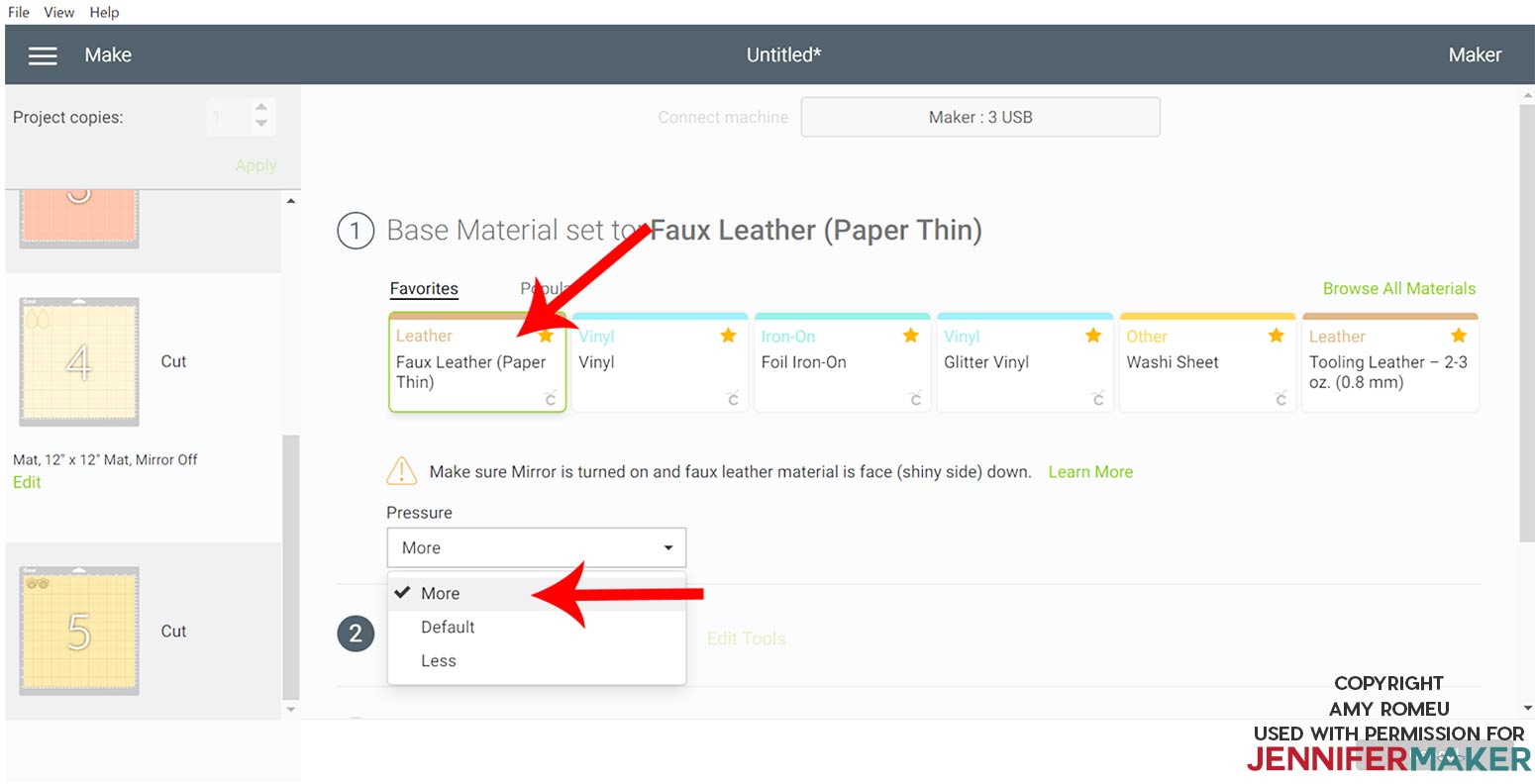 material selection screen for faux leather in Cricut Design Space