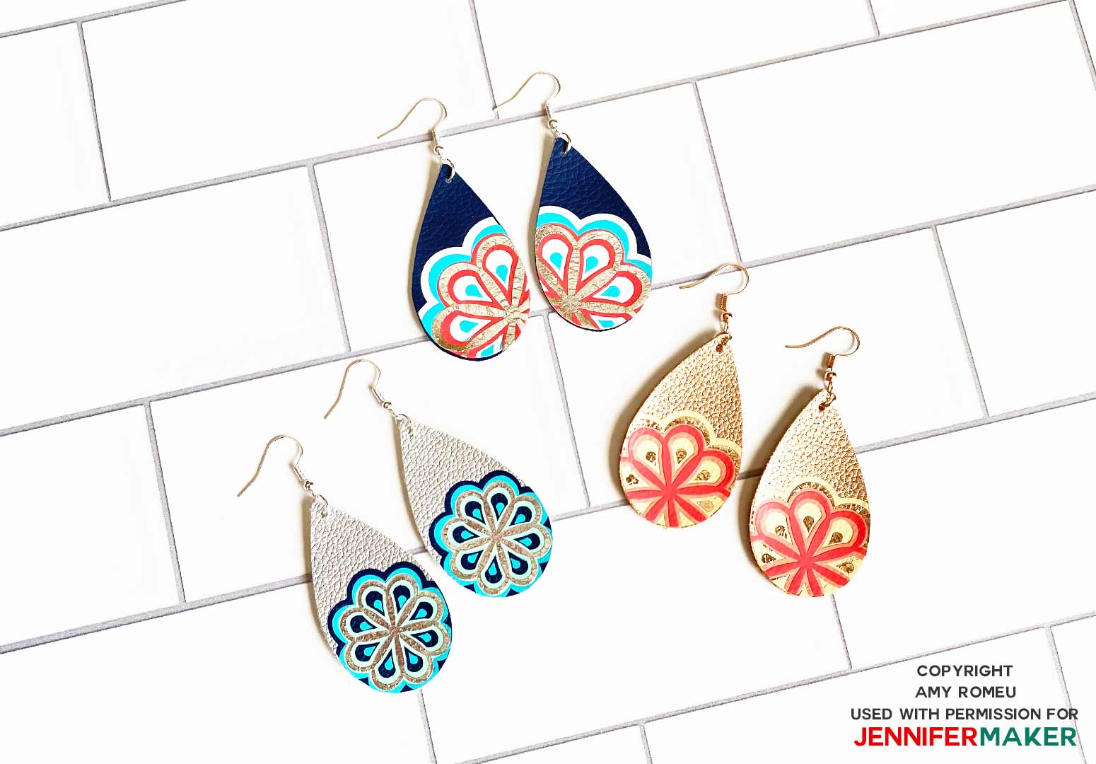 three different designs of faux leather mandala earrings