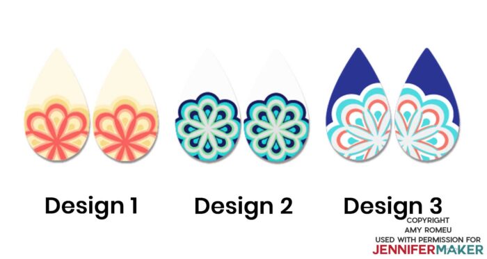 Three different faux leather mandala Cricut earring designs