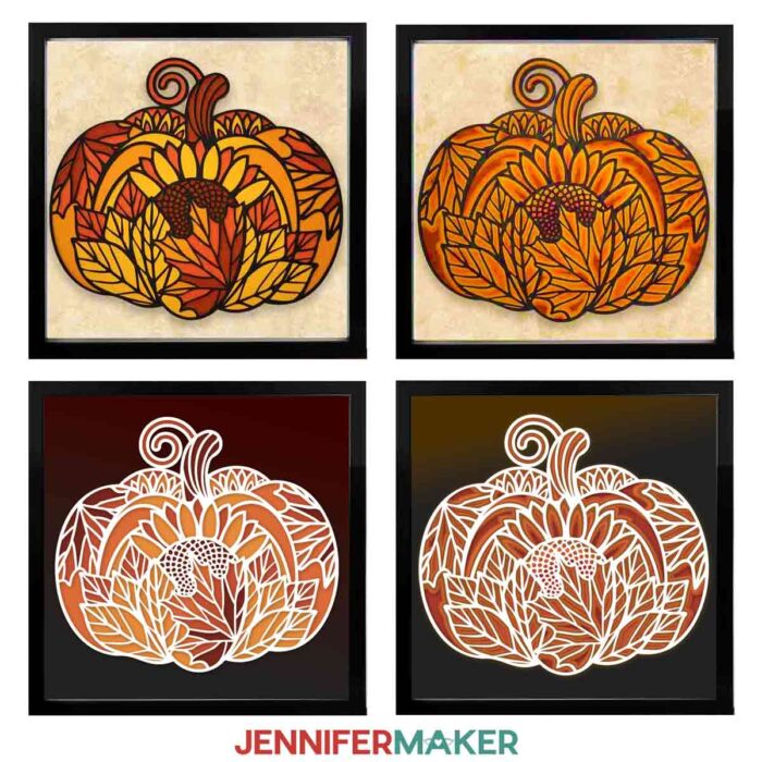 Four framed layered paper pumpkins in orange, red, yellow, black and white cardstock