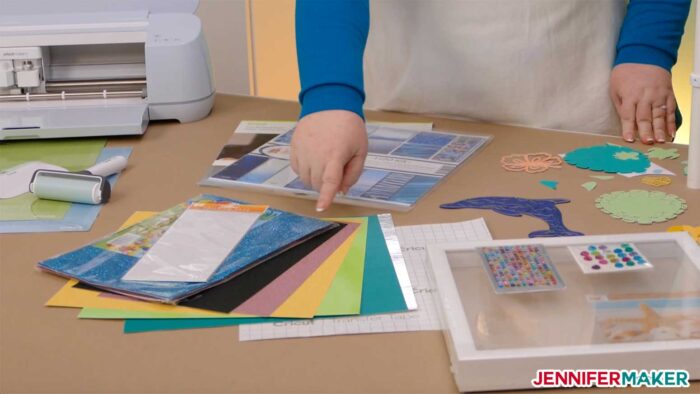 Materials to make our layered sea animal mandalas with various cardstock