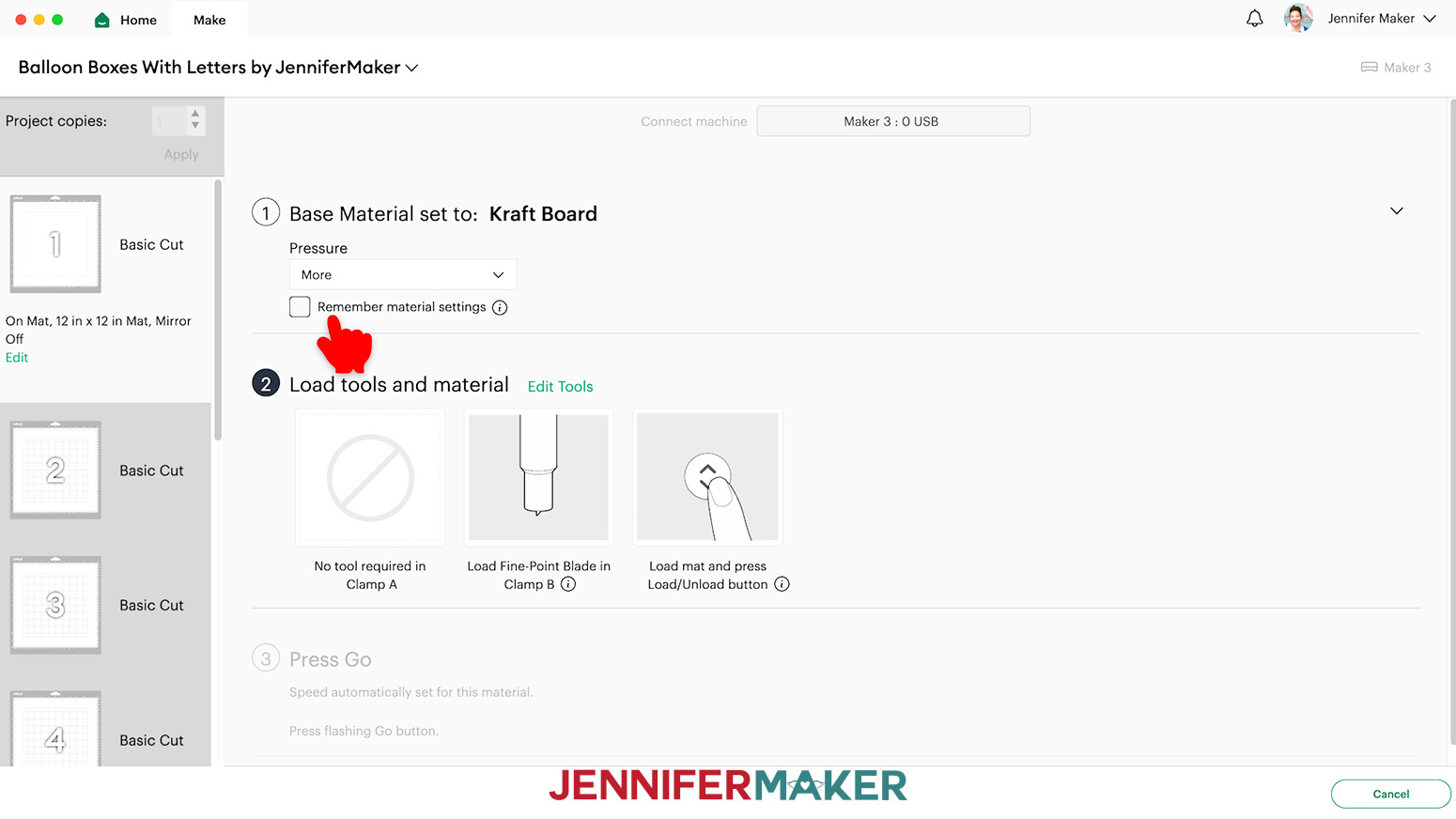 Design Space material settings for the kraft board are set to Kraft Board with more pressure.