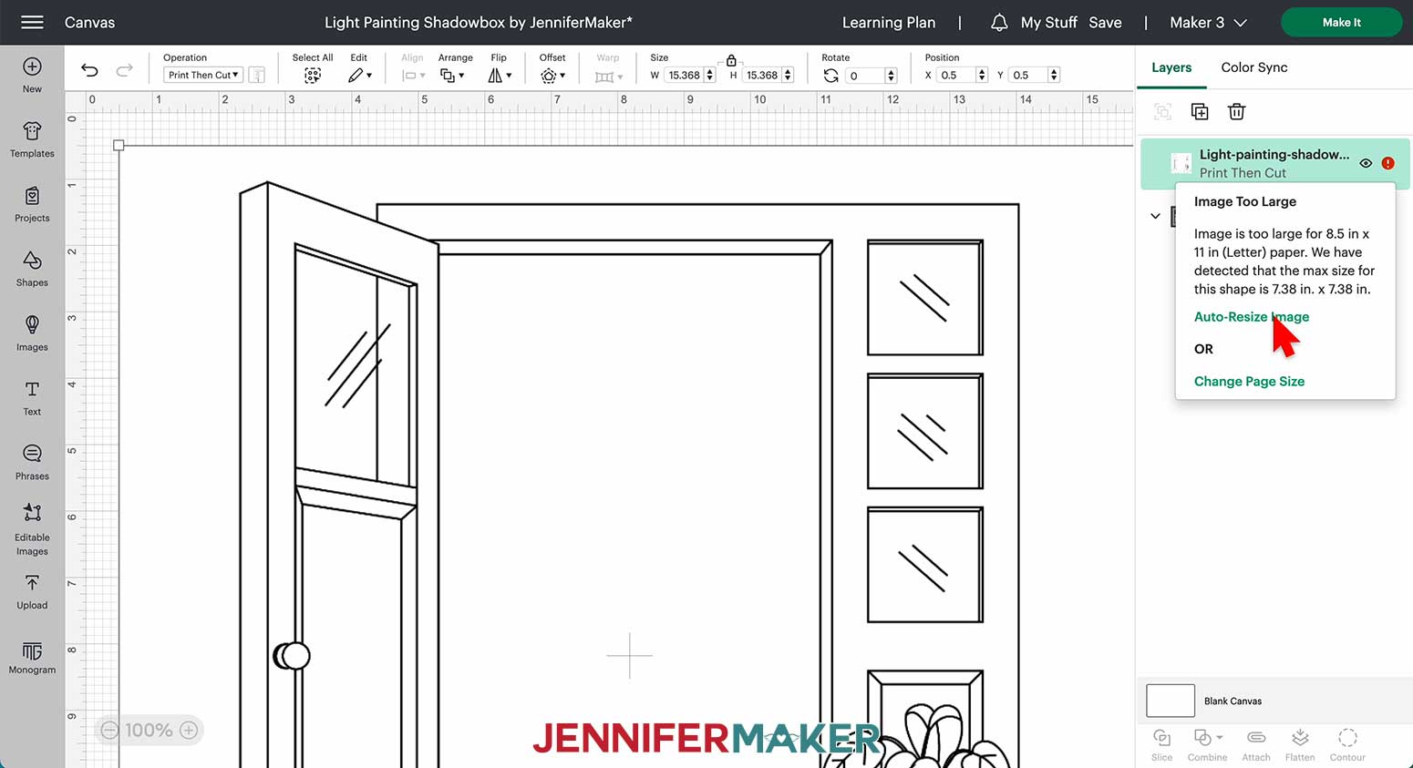 Click the red exclamation point in Design Space to reduce the size of the drawing JPG for the light painting shadow box to fit within the Print Then Cut 8.5" x 11" dimensions