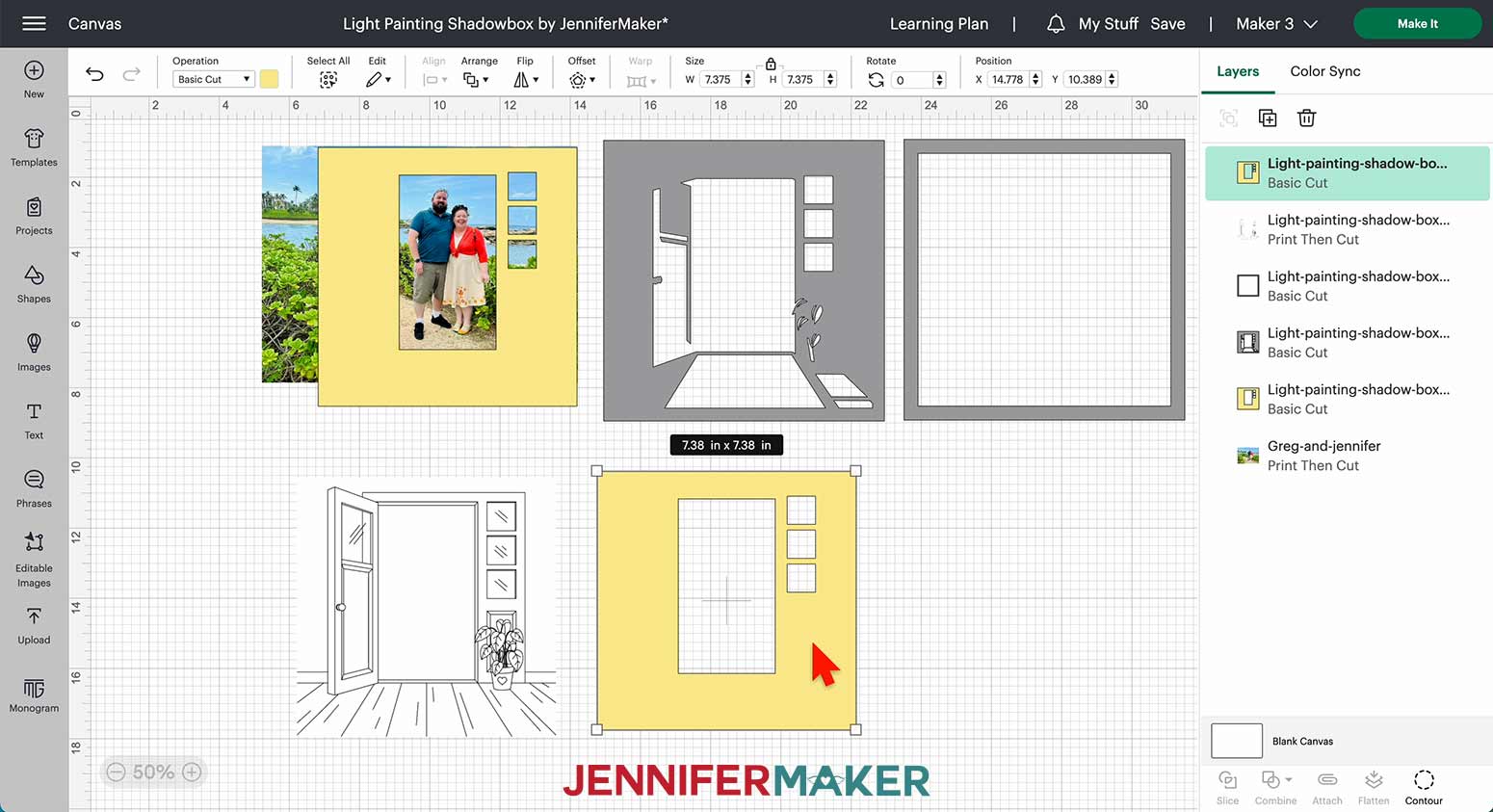 Duplicate the yellow layer in Design Space for the light painting shadow box doorway design