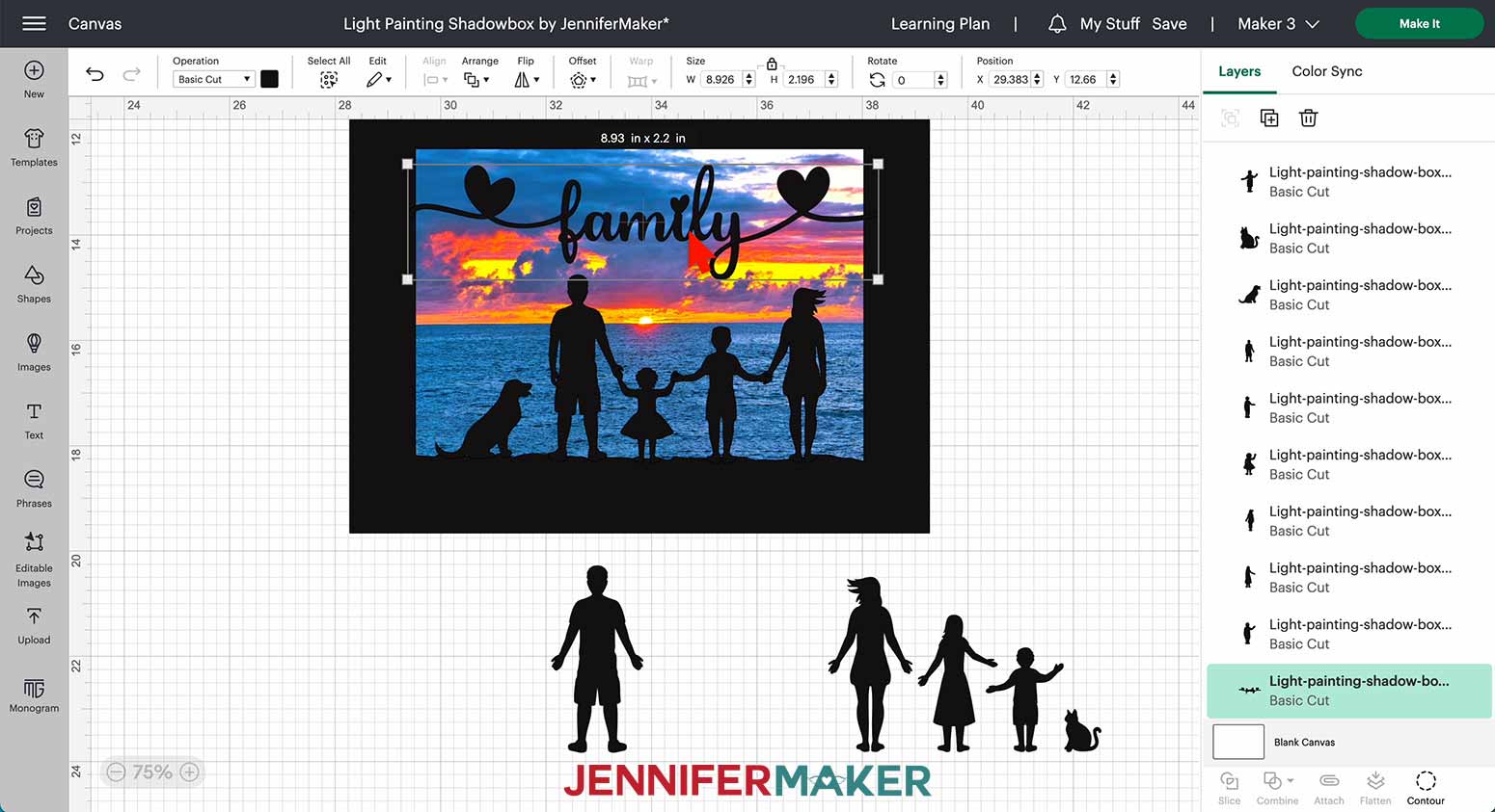 Position the family sentiment above the silhouettes inside the frame layer for the light painting shadow box in Design Space