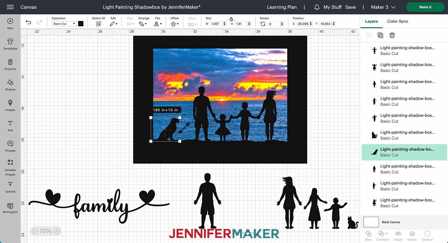 Resize your silhouettes using the corner handles in Design Space as needed for the light painting shadow box