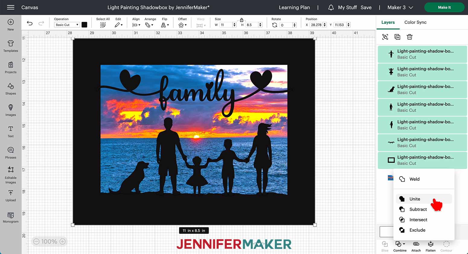 In Design Space, select your frame, silhouettes, and family sentiment for the light painting shadow box and unite them