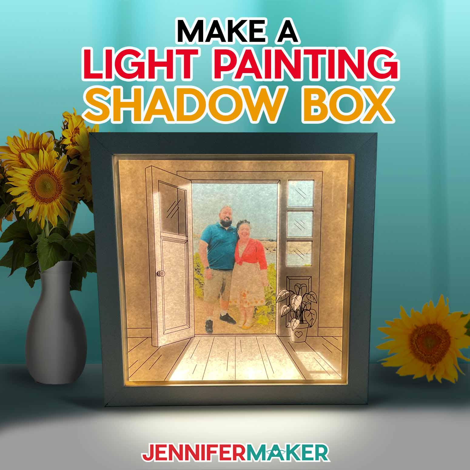 Make a light painting shadow box with JenniferMaker's tutorial! An illuminated shadowbox frame sits upon a table surrounded by sunflowers and a pretty blue backdrop. The shadowbox features a drawn doorway image with a real photo of Jennifer and Greg inside. The lights inside the box cast light rays across the floor of the image.