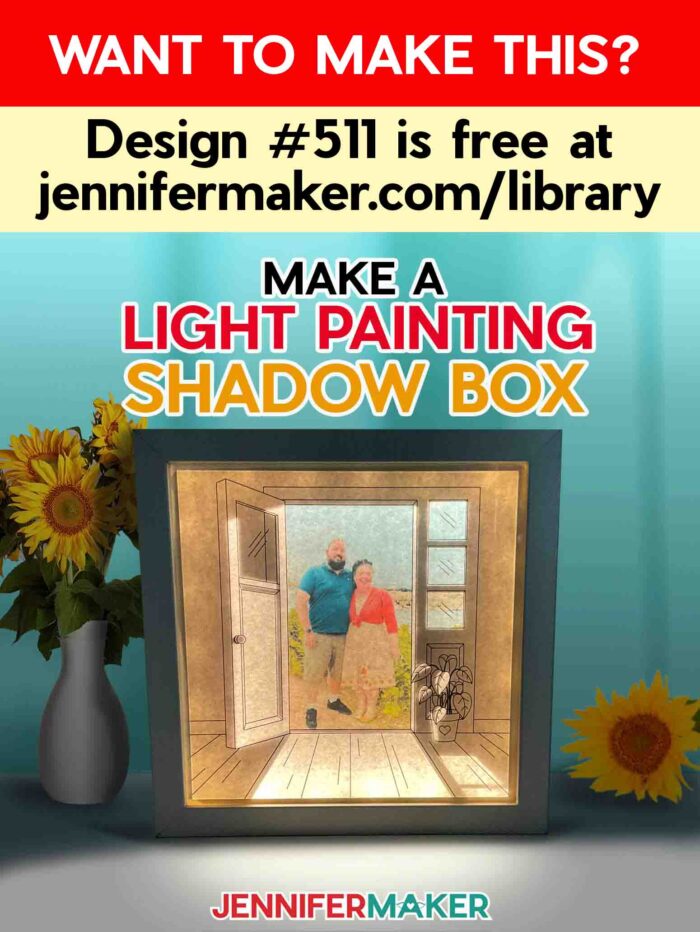 Make a light painting shadow box with JenniferMaker's tutorial! An illuminated shadowbox frame sits upon a table surrounded by sunflowers and a pretty blue backdrop. The shadowbox features a drawn doorway image with a real photo of Jennifer and Greg inside. The lights inside the box cast light rays across the floor of the image. Want to make this? Design #511 is free at jennifermaker.com/library.