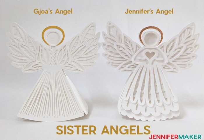 Two layered paper light up angels side by side made with white cardstock and gold paper