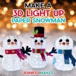 Three 3D light up snowman papercrafts with scarves and cute faces from a JenniferMaker tutorial.