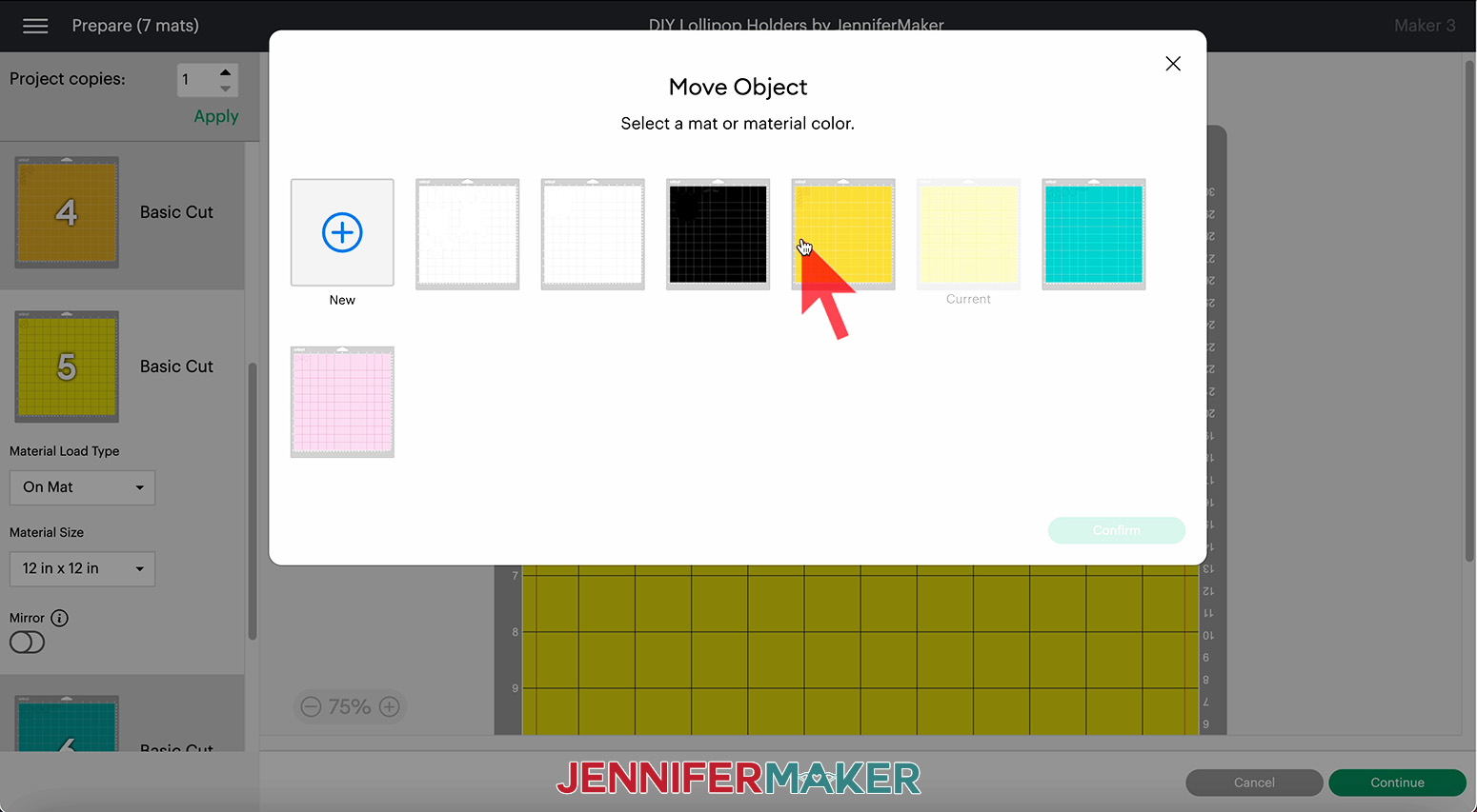 Cricut Design Space view of selecting a new mat for DIY lollipop holder objects.