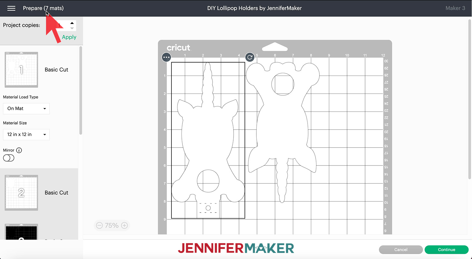 Cricut Design Space screenshot showing unicorn DIY lollipop holder prepare screen with seven mats.