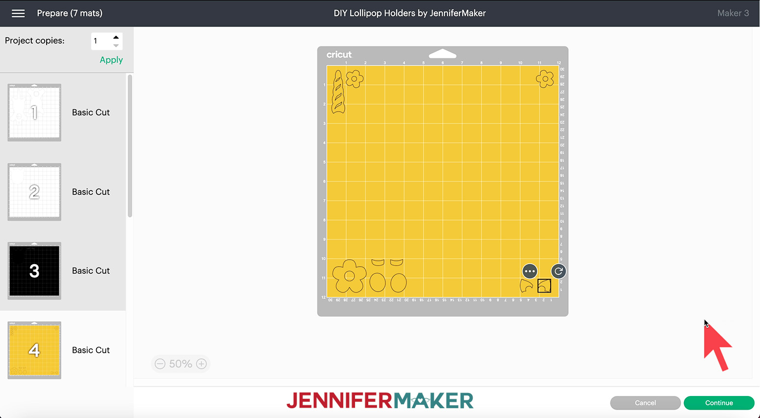 Screenshot of Cricut Design Space showing objects from four different mats moved to the corners of one mat to cut at once for DIY lollipop holders.