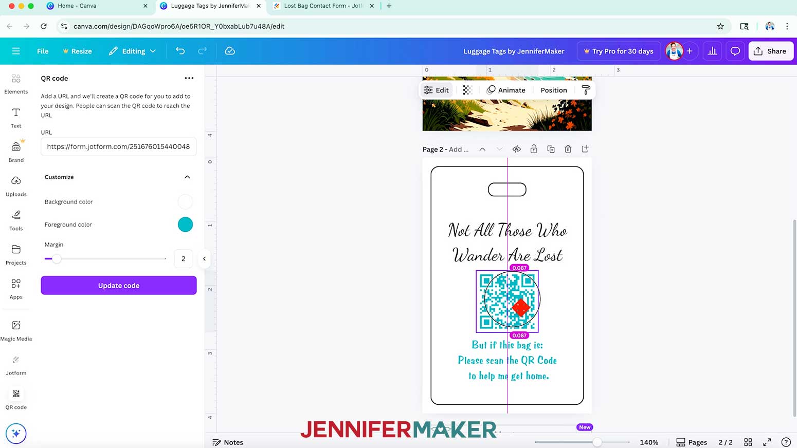 The QR code is selected and the cursor is moving it into the center of the design.